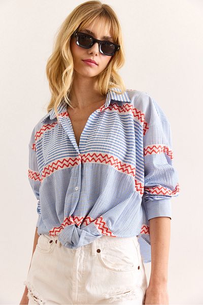 Olalook Women's Blue White Six Knot Loose Shirt Gml-19001349