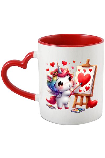 StoryGift Romania Mug with a unicorn painting hearts, illustration, blushing, affection, V, Cu, STG