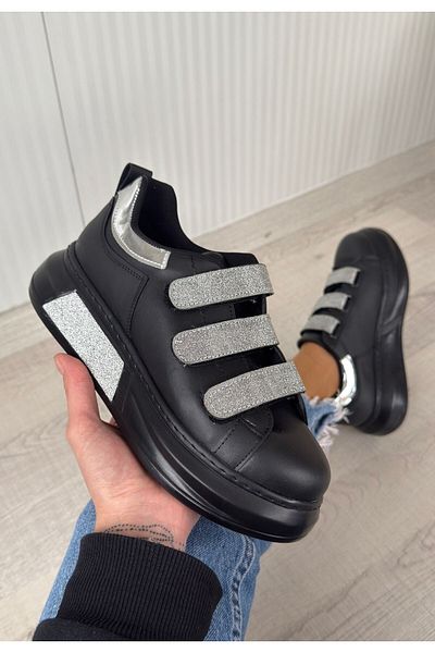 Zerenyus Pantofi sport cu velcro cu sclipici din piele neagră Elika