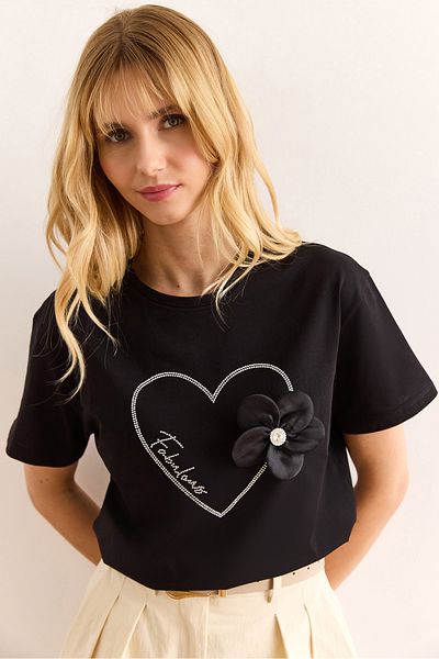 Olalook Women's Black Heart Sequin Rose Accessory T-Shirt Tsh-19000906