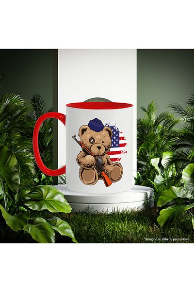 StoryGift Romania Mug With Teddy Bear, Rifle, Hat, Soldier, Black and White 330 ml, Ceramic with Handle, With ,STG
