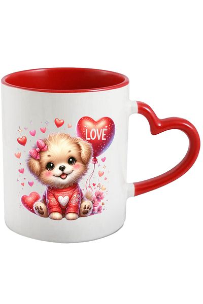 StoryGift Romania Mug with a very happy puppy | illustration | hearts | balloon | flowers | message, With ,STG.