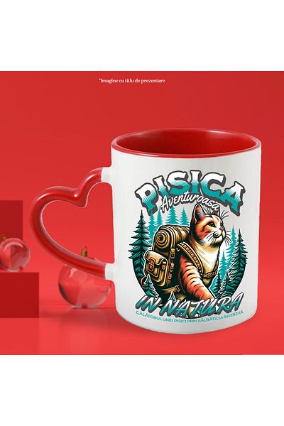 StoryGift Romania Adventurous Cat Mug-In Nature, 330ml, Ceramic with Red Heart Handle, With Heart Handle, STG.