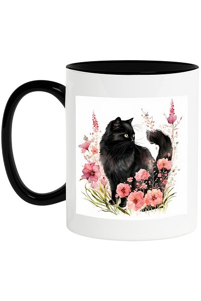 StoryGift Romania Mug with a black cat, illustration, popcorn, pink, slightly disoriented look,, With ,STG
