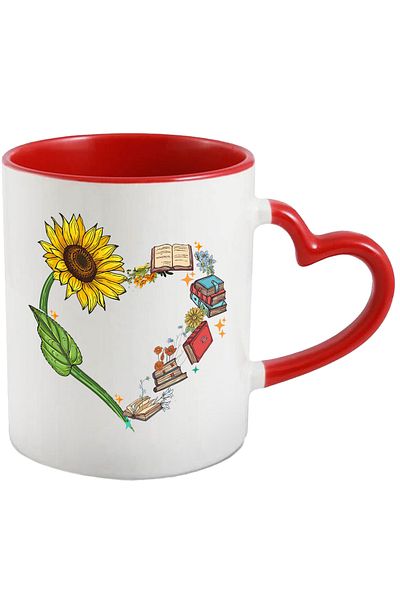 StoryGift Romania Mug with many books and sunflowers forming a heart, book, illustration, With ,STG