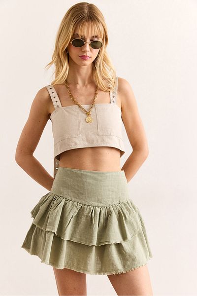 Olalook Women's Khaki Shorts Flounce Zippered Mini Linen Skirt Etk-19000322