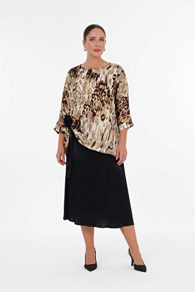 Gemko Satin Rose Detailed Skirt Set - Leopard