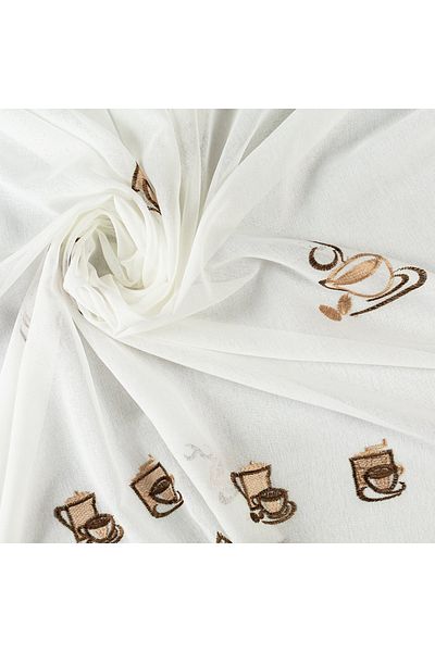 OEM Linen curtain with coffee cup embroidery and honeycomb pattern, Tajana, 300x250 cm, White