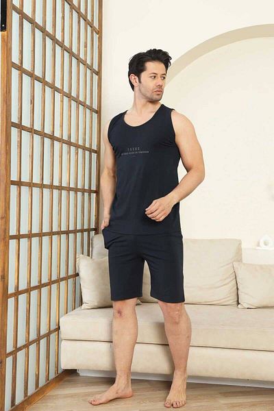 ALİMER Σετ ανδρικό σορτς - Navy Blue Focus Printed Straps Χτενισμένο Βαμβακερό Σετ 1070ŞT