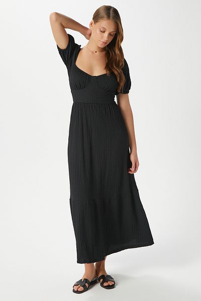 Ritnice Rochie de damă Isabella, cu textura Seersucker, neagră din Lycra, 12238