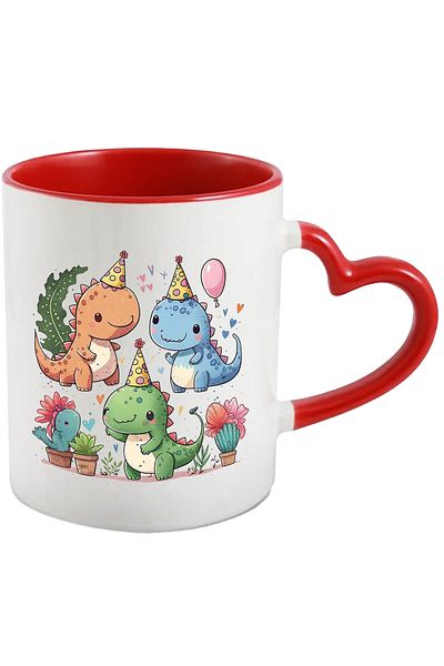 StoryGift Romania Mug with baby dinosaur at a party, fairy tale, illustration, hearts, celebration, , With ,STG .