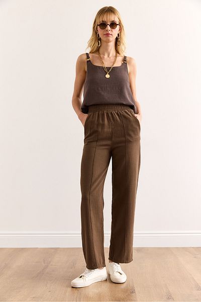 Olalook Women's Brown Elastic Waist Front Stitched Washed Buckle Linen Trousers Pnt-19000342