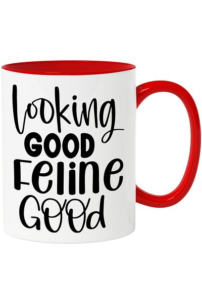 StoryGift Romania Mug with the text "Looking good, feeling good" - feline cats with Red Handle, Cu Man,STG.
