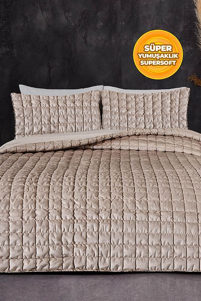 Evlen Home Collection Beige Velvet Bedspread - Double, Fiber Filled, Stacy 3-Piece Sleeping Set