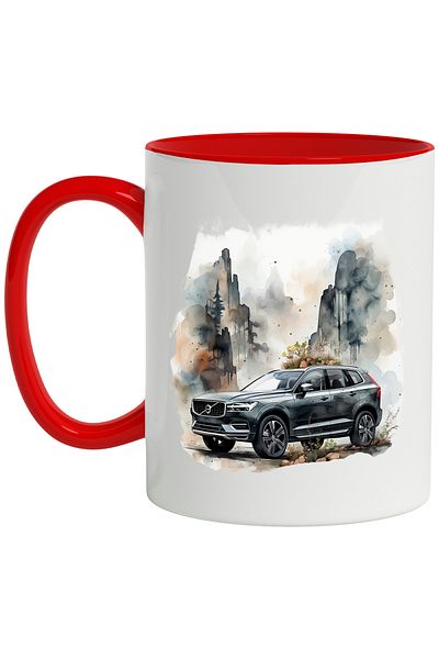 StoryGift Romania Mug With Car, Volvo XC60, Forest, Mountains, Fir Trees, Multicolor 330 ml, Ceramic with, With, STG.