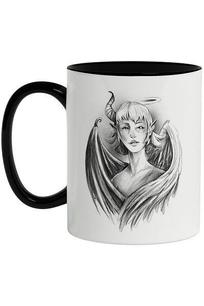 StoryGift Romania Mug With Angel, Demon, Wings, Woman, Duality, Horn, Black and White 330 ml, Ceramic, With ,STG.