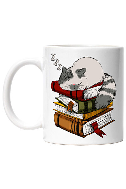 StoryGift Romania Cana Cu O Pisicuta Care Doarme Pe Un Teanc De Carti, Ilustr...