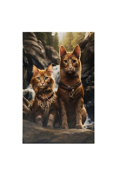 StoryGift Romania Tablou Canvas: Cuplul De Feline Pisica Si Motan Cu Blana Roscata Si Accesori La Gat Pe O Stanc