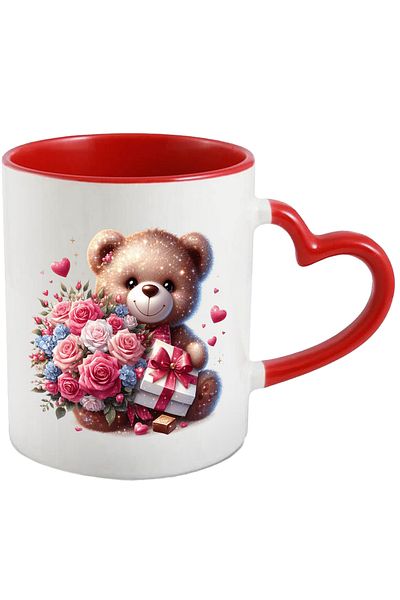 StoryGift Romania Mug with a teddy bear holding a bouquet of roses and a gift | box | illustrated, With ,STG.
