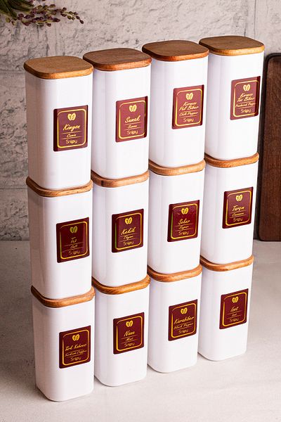 Snippy Boxy White - Set of 12 Wooden Vacuum Lids and Labeled Spice Jars 350 ml - Food Storage Container Set