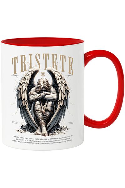 StoryGift Romania Sadness Mug - Fallen Angel with Motivational Message, 330ml, Ceramic with Red Handle, With M,STG.