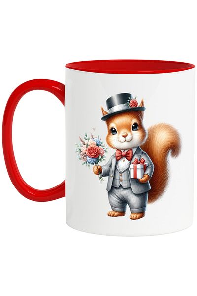 StoryGift Romania Mug with a squirrel in a suit, hat, illustration, bouquet of flowers, gift, present, With,STG.