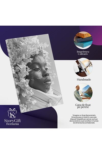 StoryGift Romania Tablou Canvas Chip Feminin Mulatra Cu Buzele Mari, Alb-negru Cu Ramuri Albe Care Acopera Capu
