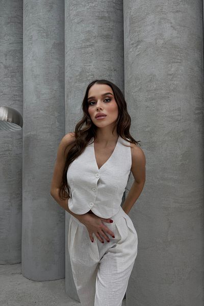Bliss Women's White Linen Top and Bottom Set – Wide Leg Pants & Vest