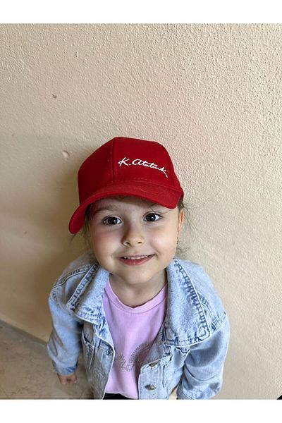 sema aksesuar Red Unisex K.Atatürk Written Children's Hat - Adjustable with Velcro on the Back - 19 May