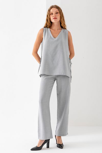 GİYSA Women's Side Tie Detailed Elastic Waist Double Suit Gray - 25799