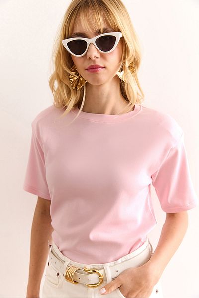 Olalook Women's Pink Padded Interlock Lycra Cotton T-Shirt Tsh-19000912