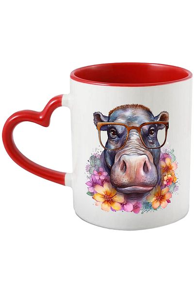 StoryGift Romania Mug with a hippopotamus with glasses | illustration | flowers around | nature | animal s, With ,STG .