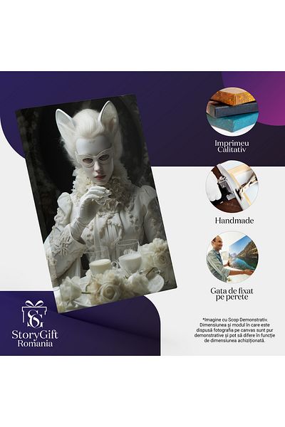 StoryGift Romania Canvas Print: Photo of a girl with cat ears - painted mask white clothes flowers glass