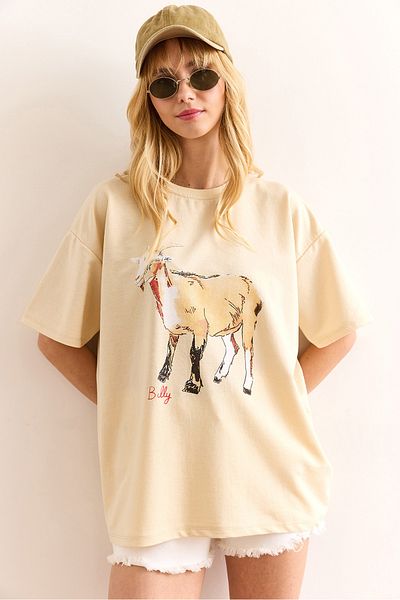 Olalook Women's Beige Goat Printed Relaxed 2 Thread T-Shirt Tsh-19000910