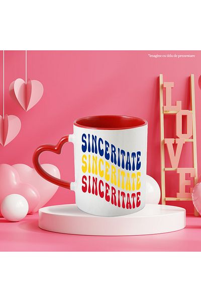 StoryGift Romania Mug with the word "Sincerity", in the colors of the Romanian flag, red, yellow, blue, with STG.