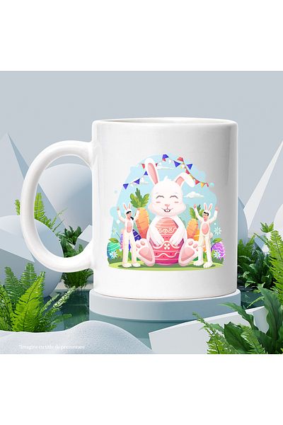 StoryGift Romania Cana Cu Iepure, Costum, Paste, Morcovi, Oua, Multicolor 330 Ml, Ceramica Cu Mane, Cu ,stg