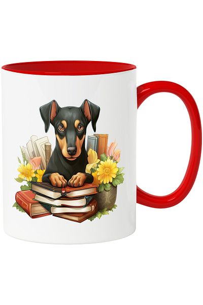 StoryGift Romania Mug with a dog that has many books | illustration | stack | "intellectual" | flo, Cu,STG.