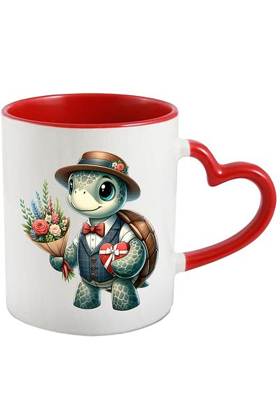 StoryGift Romania Mug with a turtle holding a bouquet of flowers and a gift | illustration, With ,STG.