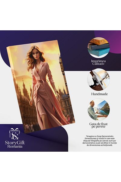 StoryGift Romania Tablou Canvas: Power Woman Femeie Cu Parul Blond In Rochie Si Sacou Lung Roz In Londra Pictur