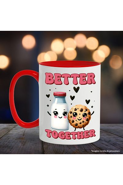 StoryGift Romania Mug with a bottle of milk and a biscuit with the message "Better together", better, With, STG.