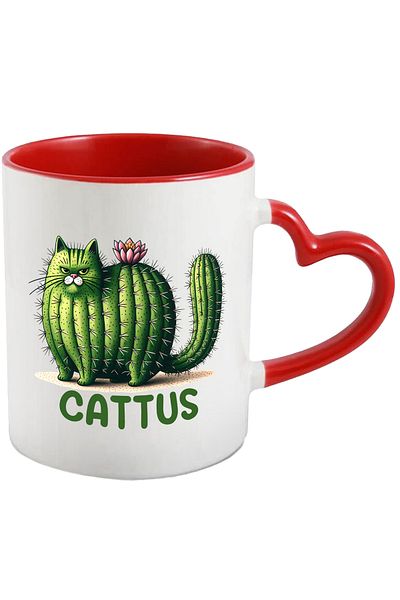 StoryGift Romania Mug with cat in the shape of a cactus with the message "Cattus", flower, illustration, thorns, With,STG.