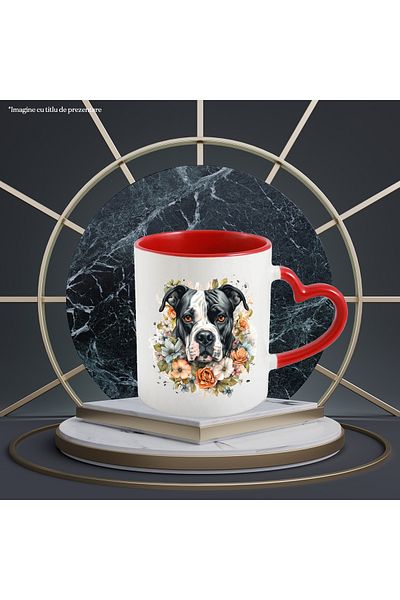 StoryGift Romania Mug with a serious, slightly sad dog, Boxer, black, white, popcorn, nature, abst, With ,STG.
