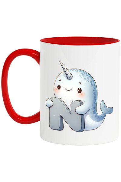StoryGift Romania Mug with a narwhal with the letter "N", illustration, for children, school,, With ,STG.