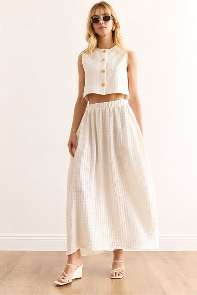 Olalook Women's White Top Lined Vest Bottom Pocket Midi Skirt Suit Tkm-19000387