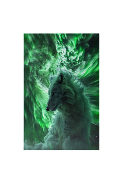 StoryGift Romania Tablou Canvas: Lup Polar Din Profil Și Umbre De Fum Albe Și Verde Neon- Sălbatic Și Abstract P