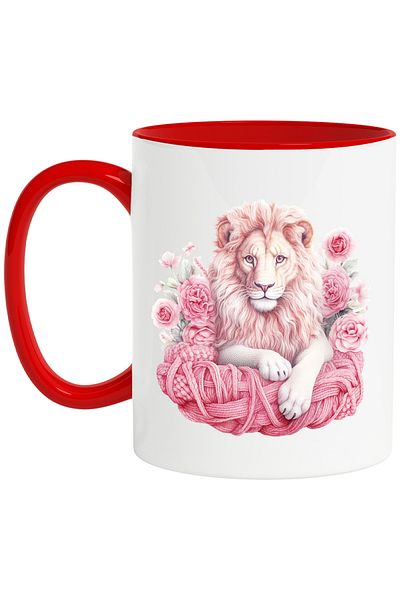 StoryGift Romania Cana Cu Un Leu | Ilustratie | Floricele | Roz | Lana | Serios | Animal Salbatic , Cu ,stg