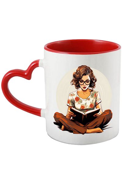 StoryGift Romania Mug with a woman reading a book, illustration, flower t-shirt, y position, With ,STG.