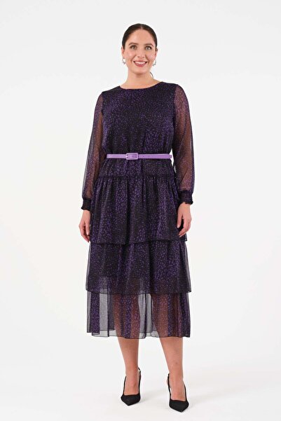 Gemko Layered Mixed Polka Dot Belted Long Dress - Purple