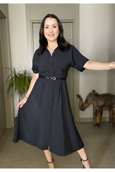 Butik Kemerli Önü Full Düğme Kapamalı Midi Boy Kısa Kollu Elbise
