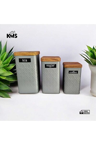 kmskumsar Ahşap kapak görünümlü metal 3'lü çay şeker kahve saklama kabı